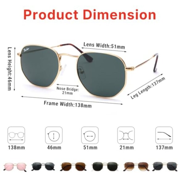 Small Square Sunglasses 100% Real Glass Lens Hexagonal Frame Unisex